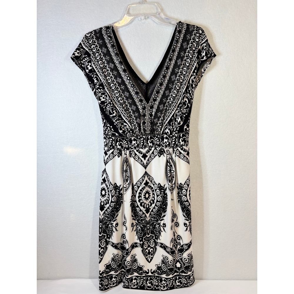 Mixit‎ Womens Black White Damask Paisley Beaded V-Neck Sheath Dress Size 14